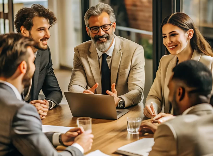 Business partner group discussing report at board room meeting table